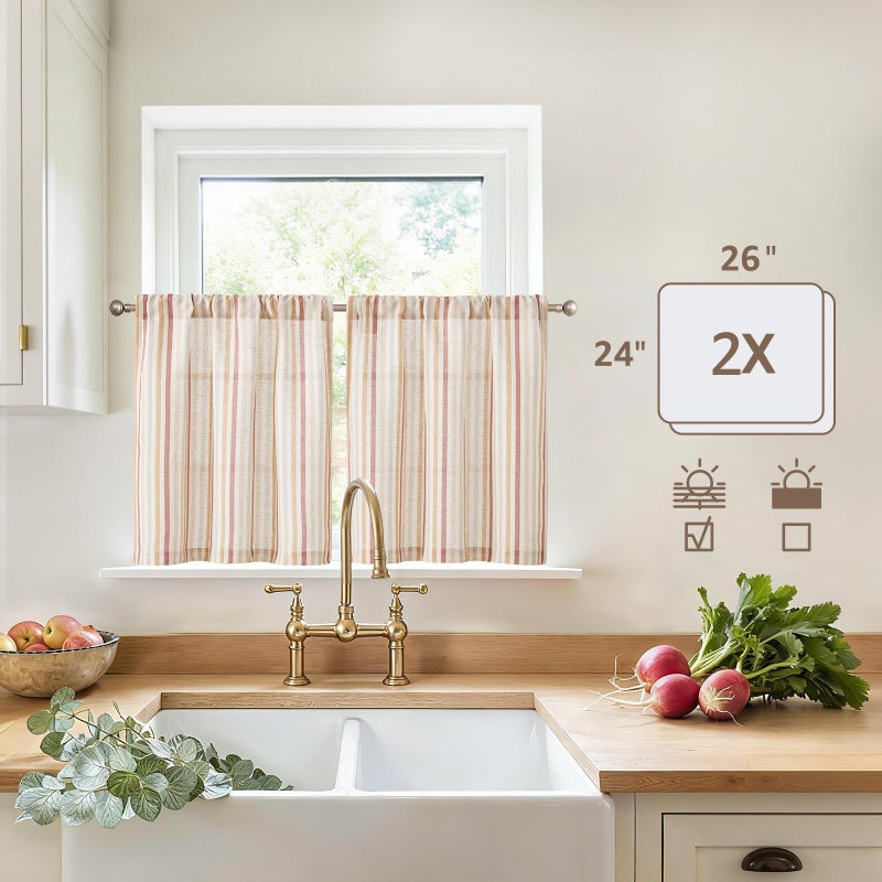 jinchan Colorful Striped Linen Kitchen Curtains 24 Inch Tier Curtains Farmhouse Modern Cafe Small Window Treatments Light Filtering Rod Pocket for Living Room Bathroom 2 Panels Multi Red - Image 5