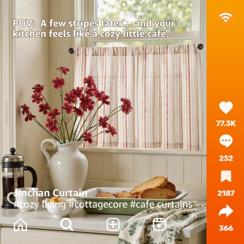 jinchan Colorful Striped Linen Kitchen Curtains 24 Inch Tier Curtains Farmhouse Modern Cafe Small Window Treatments Light Filtering Rod Pocket for Living Room Bathroom 2 Panels Multi Red - Image 2