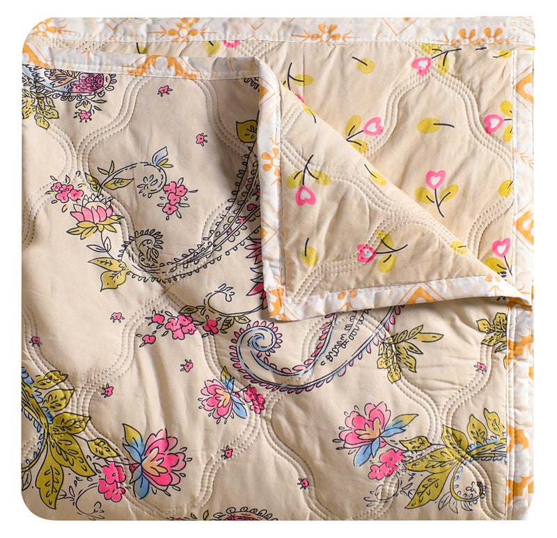 Fancy Walas Dohar Double Bed 100% Cotton Blankets for Summer | 90x100inch, 150GSM Ac Comforter and Cooling Blankets for Summer | Cream Color Curry | Classic Printed Design | Quilt | Ideal for Gifting - Image 1