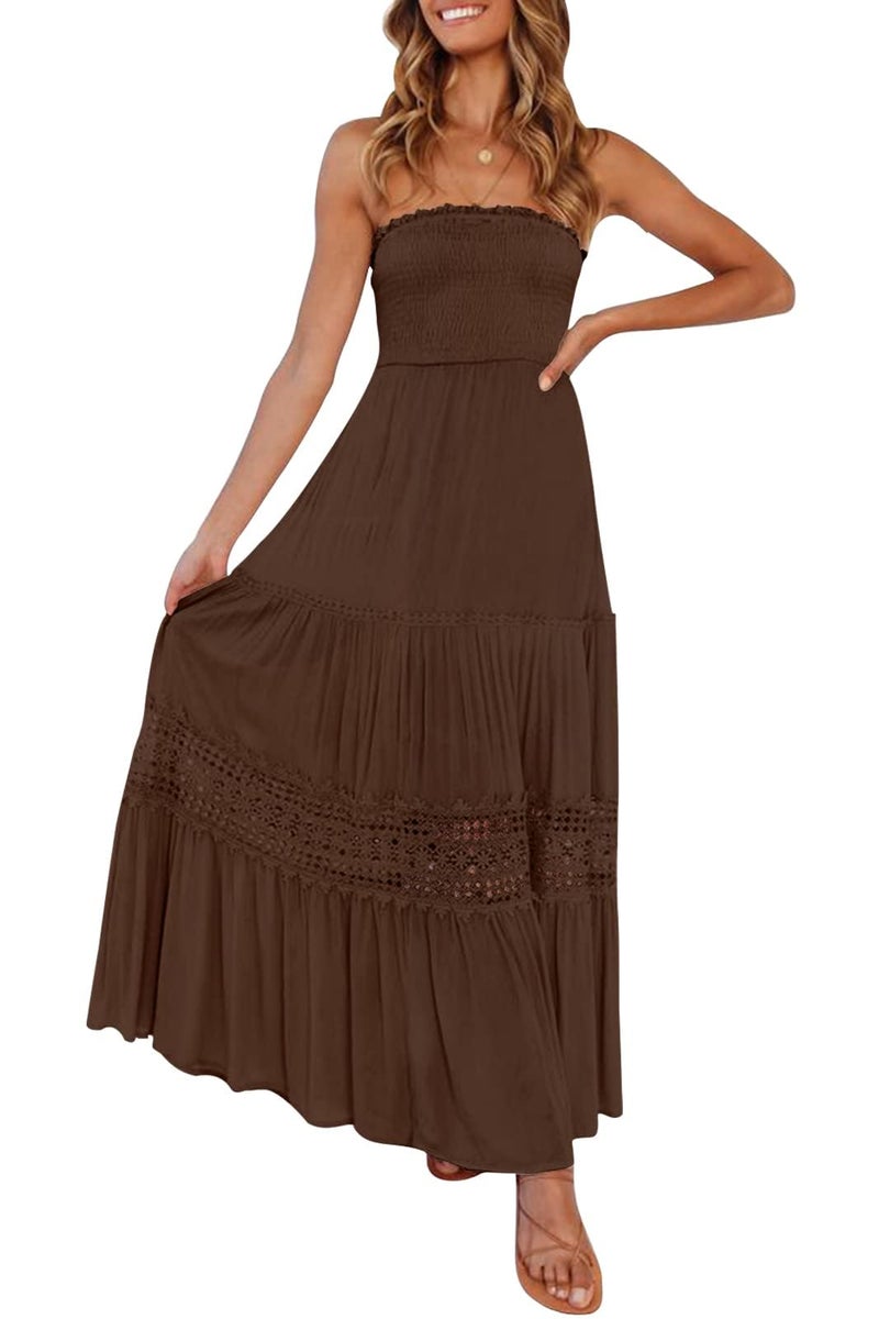 ZESICA ZESICA Women's 2025 Summer Bohemian Strapless Off Shoulder Lace Trim Backless Flowy A Line Beach Long Maxi Dress,Coffee,Small  - Image 1