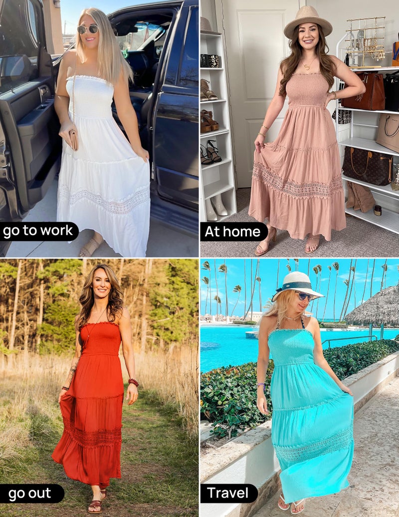 ZESICA ZESICA Women's 2025 Summer Bohemian Strapless Off Shoulder Lace Trim Backless Flowy A Line Beach Long Maxi Dress,Coffee,Small  - Image 4
