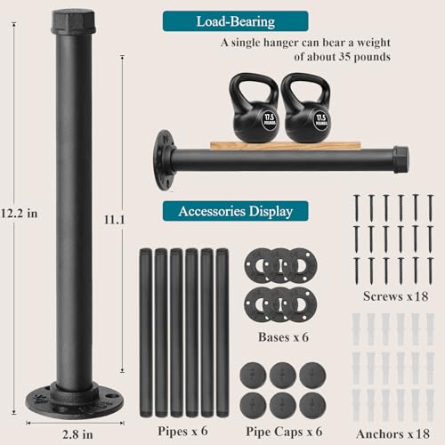 Cazzon Cast Iron Wall Mounted Clothes Rack, Heavy Duty Industrial Pipe Clothing Rack for Hanging Clothes, Garment Racks for Wardrobe Organizers and Storage, DIY Closet Rods Closet Bar (Black 6 Pack, 12 in) - Image 2