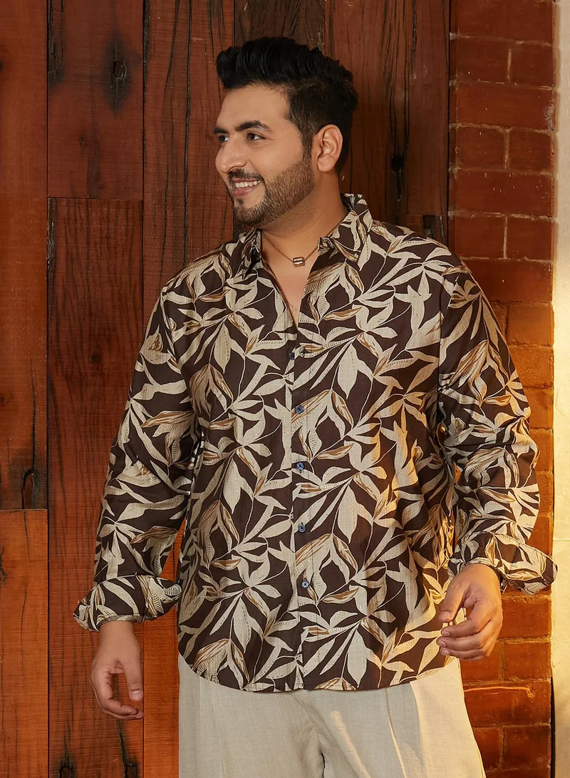 Instafab Plus Instafab Plus Men's Chocolate Brown Flóré Noir Shirt For Casual Wear | Spread Collar | Long Cuffed Sleeves | Button Closure | Plus Size Shirt Crafted With Comfort Fit For Everyday Wear