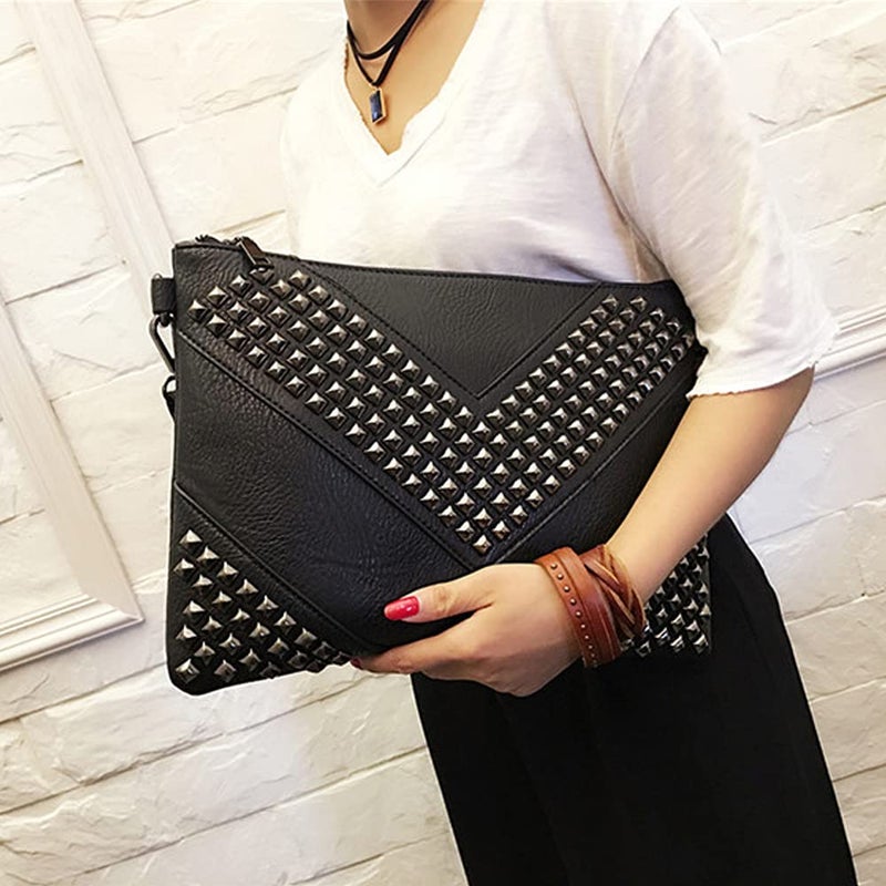 NIGEDU Oversized Clutch Bag Purse Women PU Leather Crossbody Shoulder Bags Studded Wristlet Handbag Rivet Envelope Clutches (Black) - Image 2