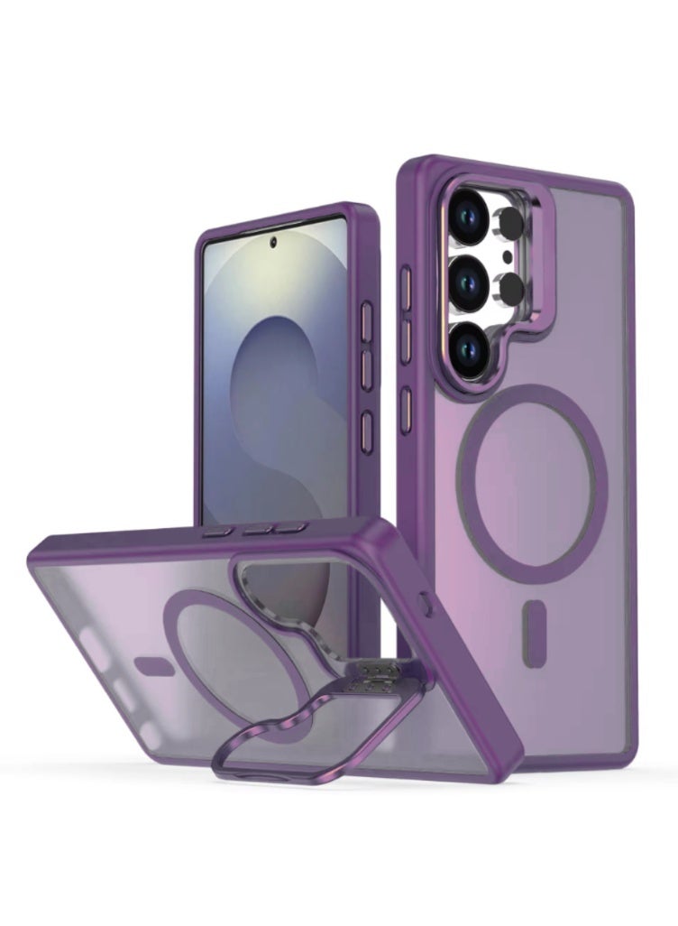 Samsung S25 Ultra protective case with bracket, compatible with MagSafe, translucent frosted magnetic shockproof back cover with strong magnet, ultra-full protective case for Galaxy S25 Ultra 5G (purple) - Image 1