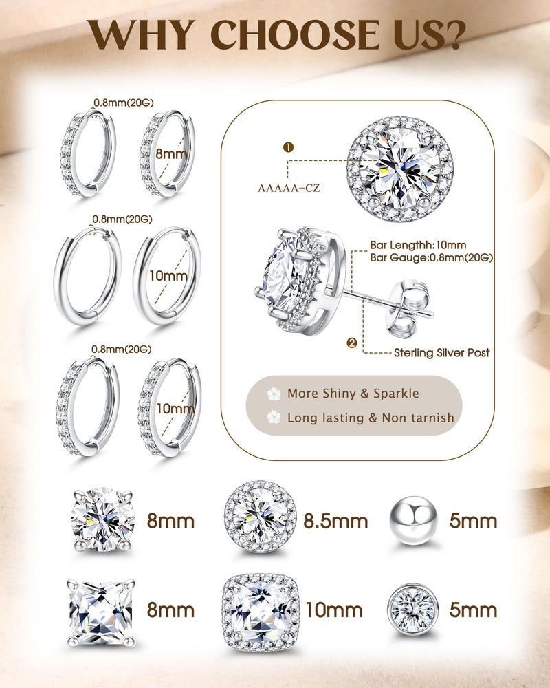 Besteel Cubic Zirconia Stud Earrings for Women Men S925 Sterling Silver Post - Hypoallergenic 18K Gold Plated Hoop Earring Big Round Square CZ Halo Studs Earrings for Sensitive Ears 18K White Gold Tone - Image 3