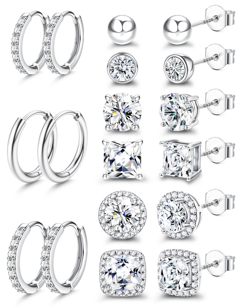 Besteel Cubic Zirconia Stud Earrings for Women Men S925 Sterling Silver Post - Hypoallergenic 18K Gold Plated Hoop Earring Big Round Square CZ Halo Studs Earrings for Sensitive Ears 18K White Gold Tone - Image 1