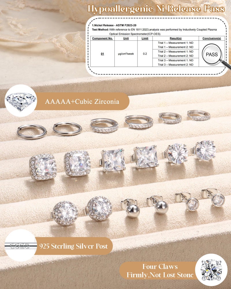 Besteel Cubic Zirconia Stud Earrings for Women Men S925 Sterling Silver Post - Hypoallergenic 18K Gold Plated Hoop Earring Big Round Square CZ Halo Studs Earrings for Sensitive Ears 18K White Gold Tone - Image 4