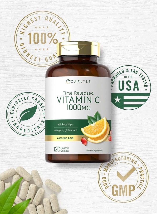 Carlyle Vitamin C 1000mg | Timed Release | 120 Vegetarian Caplets | with Rose Hips | Non-GMO & Gluten Free Supplement - Image 5