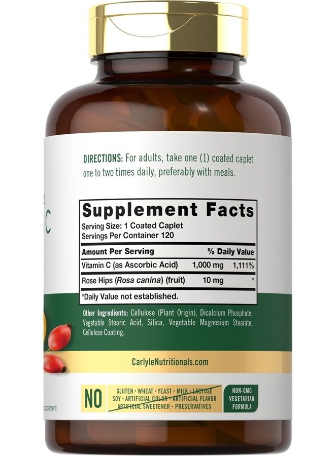 Carlyle Vitamin C 1000mg | Timed Release | 120 Vegetarian Caplets | with Rose Hips | Non-GMO & Gluten Free Supplement - Image 2