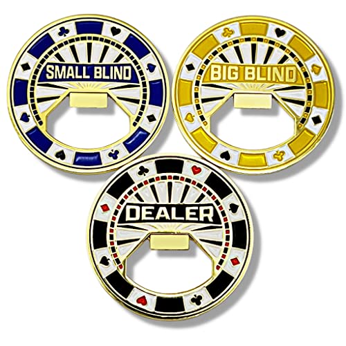 Luck Lab Set of 3 Metal Bottle Opener Poker Buttons - Dealer Button, Big Blind and Small Blind Metal Weights (Position Markers) for Texas Hold Em - 2 inch - Image 2