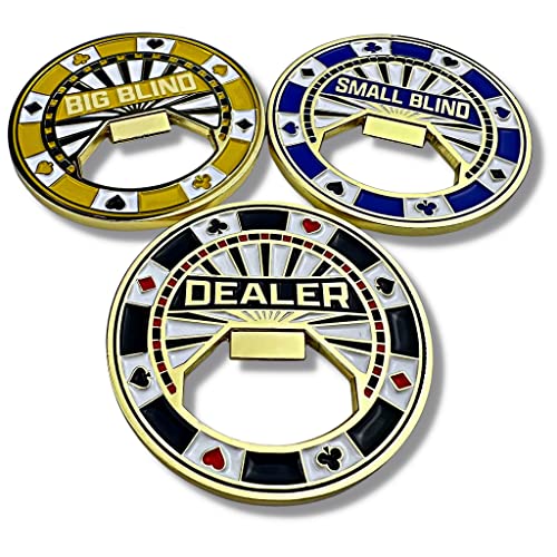 Luck Lab Set of 3 Metal Bottle Opener Poker Buttons - Dealer Button, Big Blind and Small Blind Metal Weights (Position Markers) for Texas Hold Em - 2 inch - Image 1