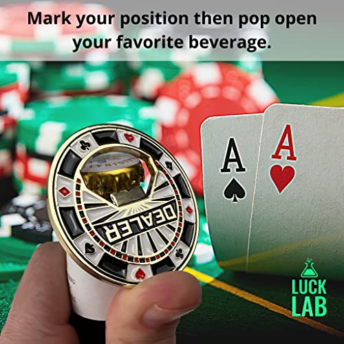 Luck Lab Set of 3 Metal Bottle Opener Poker Buttons - Dealer Button, Big Blind and Small Blind Metal Weights (Position Markers) for Texas Hold Em - 2 inch - Image 4