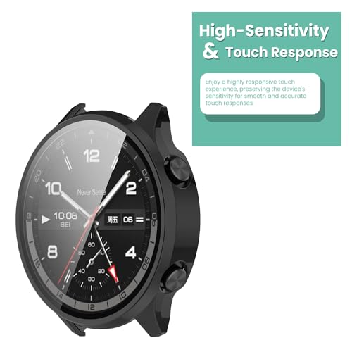 Wisely Shine Protective Slim Bumper Tempered Glass Case Cover Compatible with OnePlus Watch 2R, Luxury Black - Image 4
