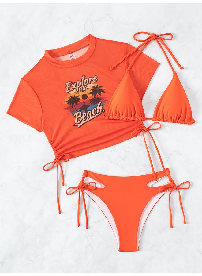 Generic European And American Style Solid Color Fixed Edition Printed Split Bikini Swimsuit Three-piece Swimsuit-Color:orange Red-Size:XL - Image 1