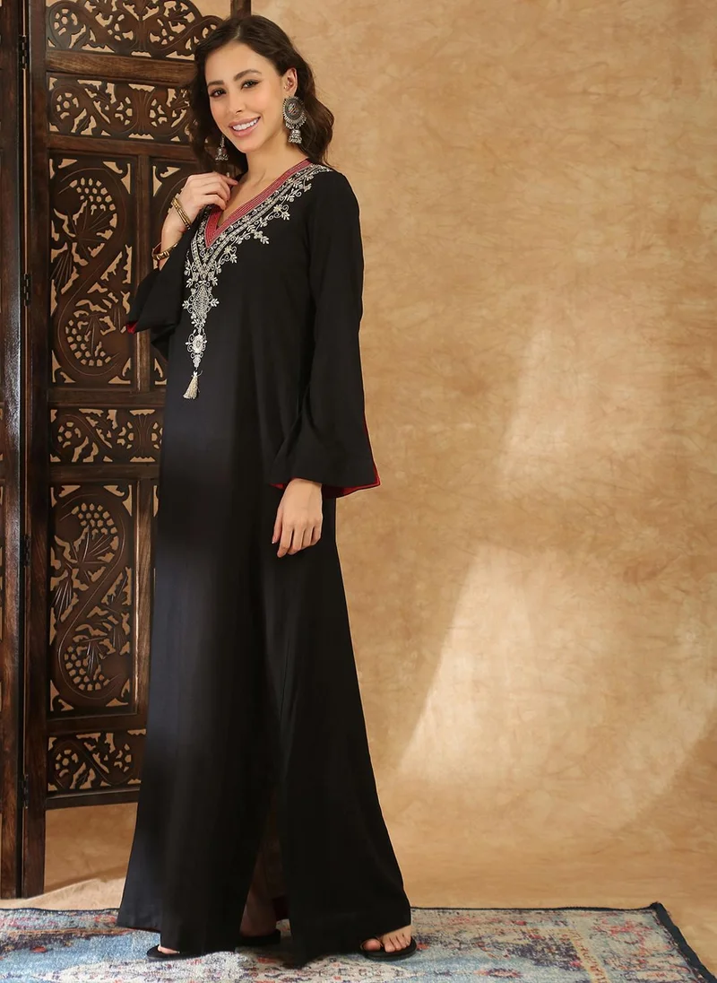 globus  Globus Women Black Sequin Embroidered V-Neck Bell Sleeves Slit Detail A-Line Maxi Festive Dress for Women | Best Price UAE
