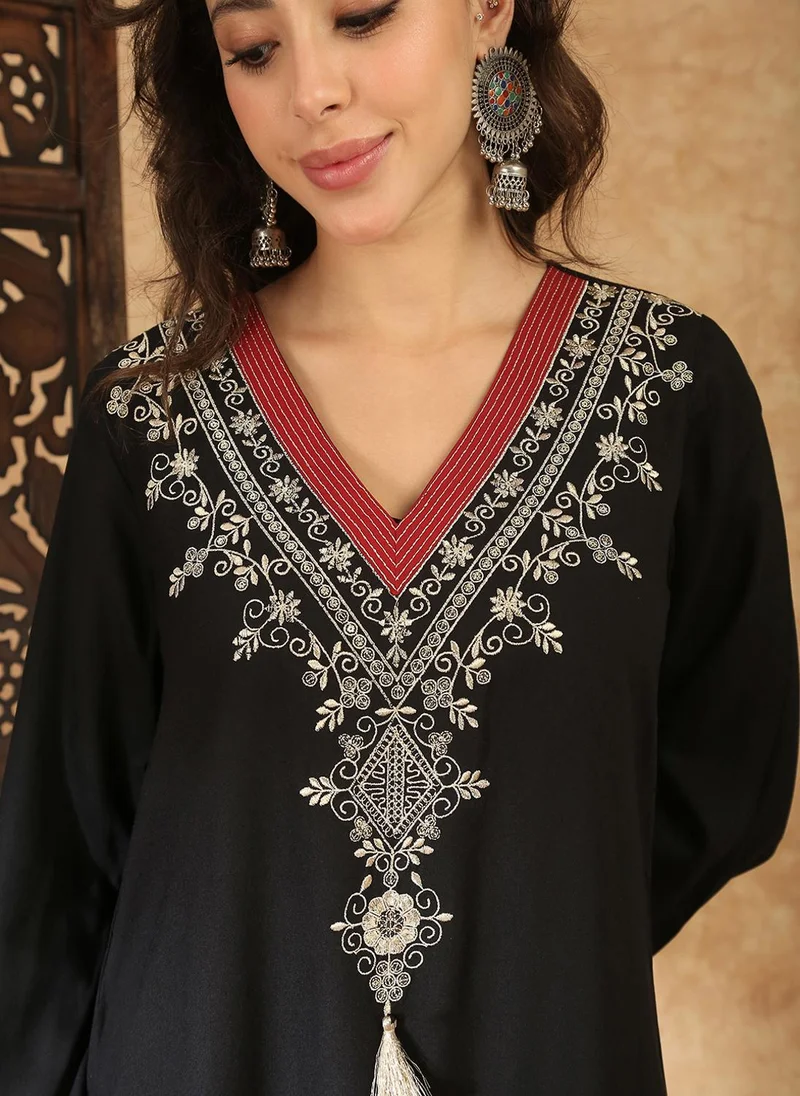 globus  Globus Women Black Sequin Embroidered V-Neck Bell Sleeves Slit Detail A-Line Maxi Festive Dress for Women | Best Price UAE