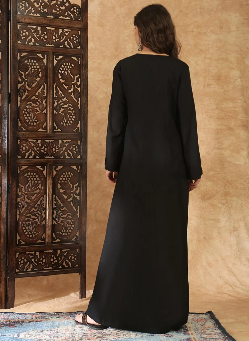 globus  Globus Women Black Sequin Embroidered V-Neck Bell Sleeves Slit Detail A-Line Maxi Festive Dress for Women | Best Price UAE