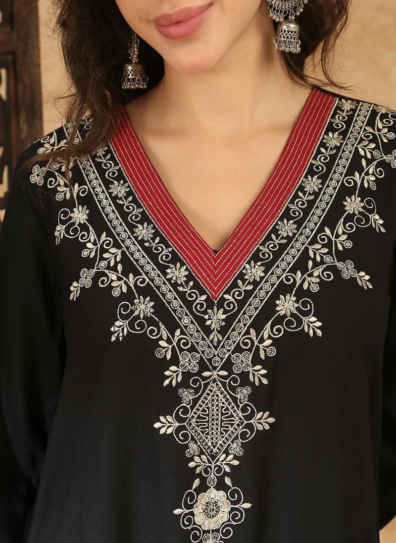 globus  Globus Women Black Sequin Embroidered V-Neck Bell Sleeves Slit Detail A-Line Maxi Festive Dress for Women | Best Price UAE
