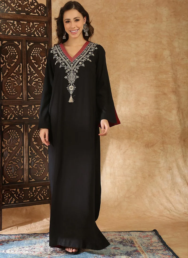 globus  Globus Women Black Sequin Embroidered V-Neck Bell Sleeves Slit Detail A-Line Maxi Festive Dress for Women | Best Price UAE