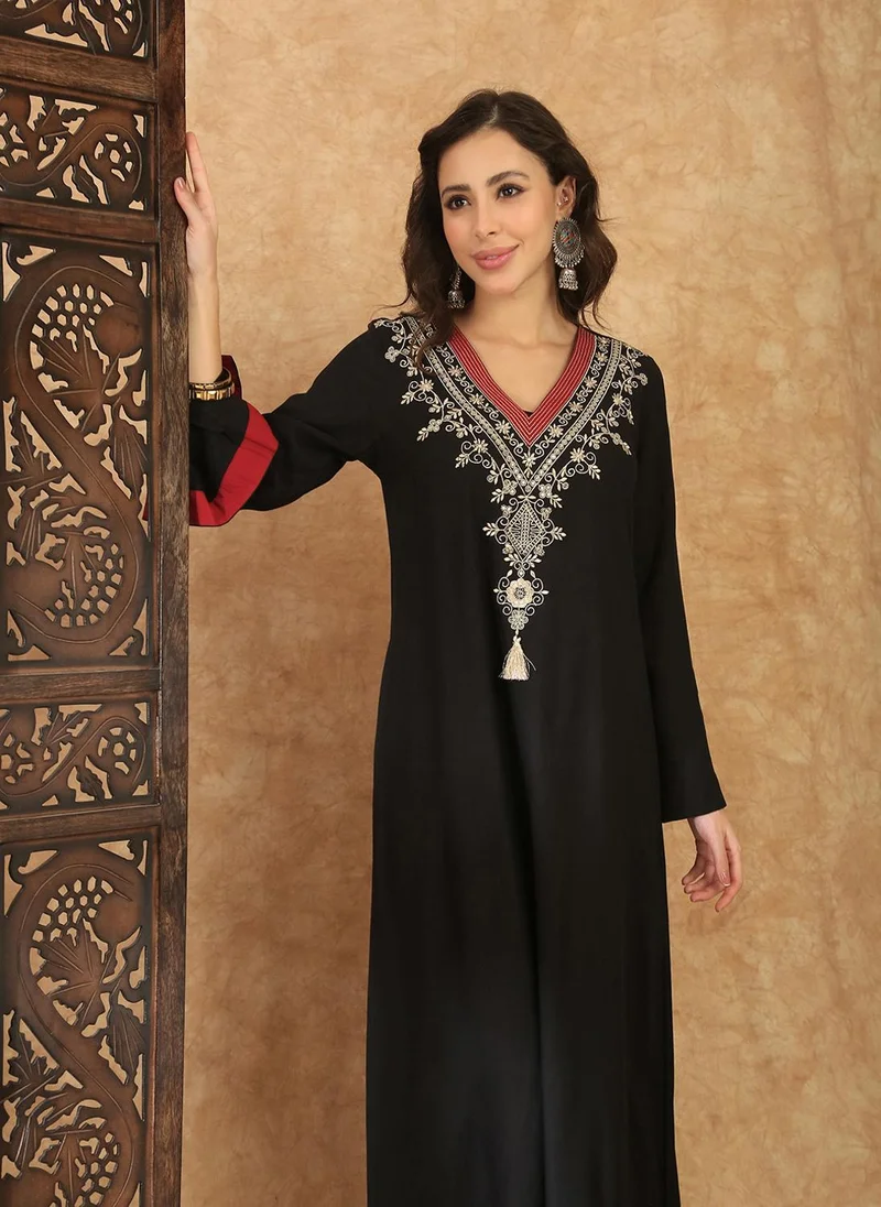 globus  Globus Women Black Sequin Embroidered V-Neck Bell Sleeves Slit Detail A-Line Maxi Festive Dress for Women | Best Price UAE