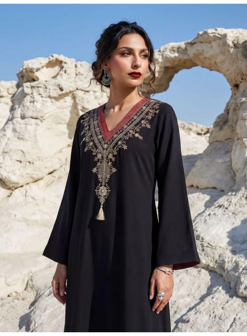 جلو باص Globus Women's Black Ethnic Dress Eid Wear with V Neck Bell Sleeves and Thread Work Yoke