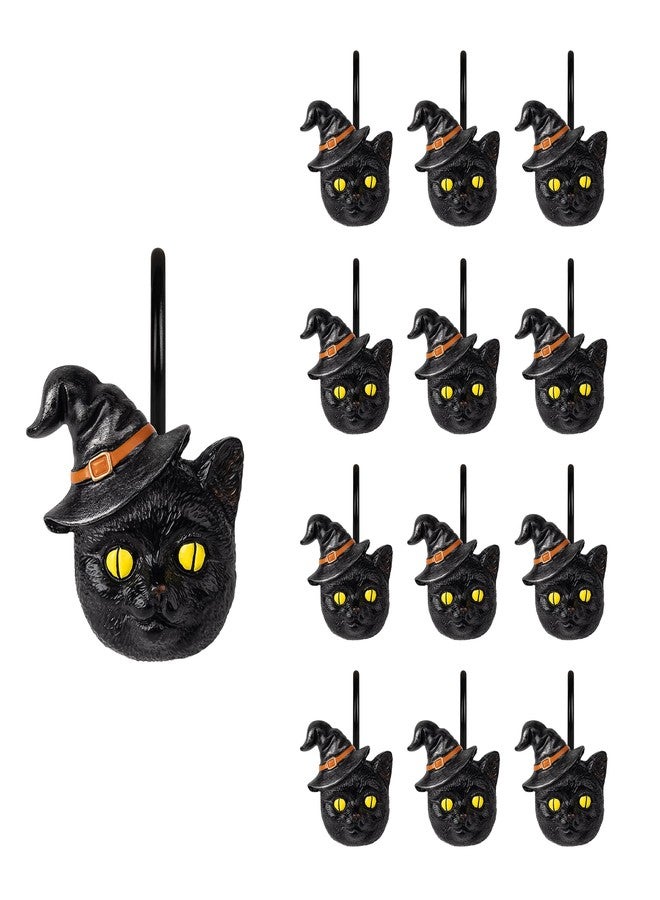 Sunlit Halloween Black Cat Shower Curtain Hooks, Home Decorative Shower Curtain Rings for Bathroom, Halloween Shower Curtain Hangers Bathroom Accessories, Set of 12, Wizard Cat - Image 1