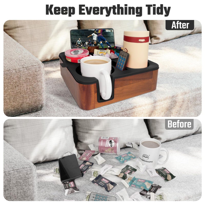 Couch Buddy Couch Cup Holder Tray, Real Acacia Wooden Caddy with Soft Silicone, Snack and Drink Organizer- Perfect Movie Night Accessories for Bed, Remote and Cup Holders for Sofa (Black) - Image 3