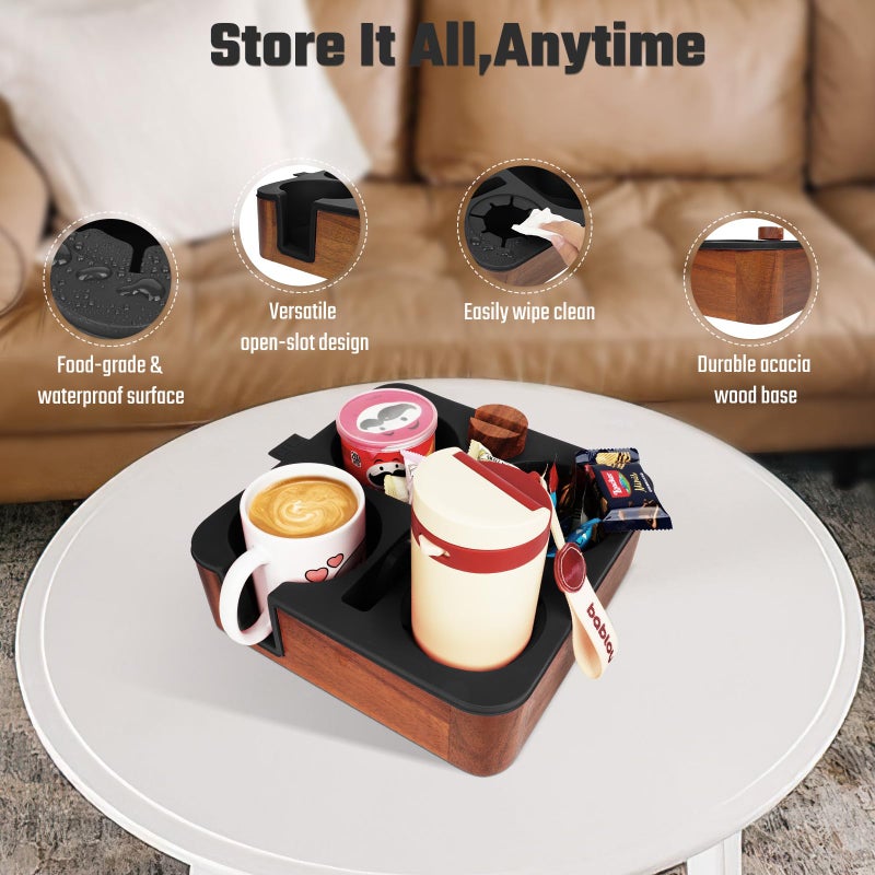 Couch Buddy Couch Cup Holder Tray, Real Acacia Wooden Caddy with Soft Silicone, Snack and Drink Organizer- Perfect Movie Night Accessories for Bed, Remote and Cup Holders for Sofa (Black) - Image 2