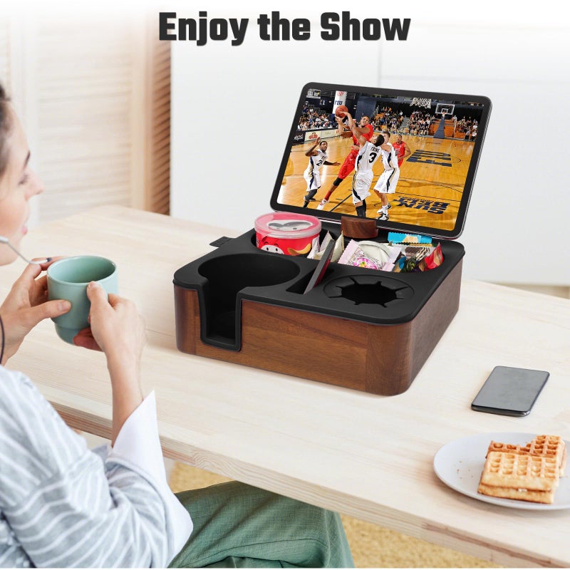 Couch Buddy Couch Cup Holder Tray, Real Acacia Wooden Caddy with Soft Silicone, Snack and Drink Organizer- Perfect Movie Night Accessories for Bed, Remote and Cup Holders for Sofa (Black) - Image 5