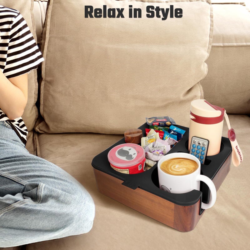 Couch Buddy Couch Cup Holder Tray, Real Acacia Wooden Caddy with Soft Silicone, Snack and Drink Organizer- Perfect Movie Night Accessories for Bed, Remote and Cup Holders for Sofa (Black) - Image 4