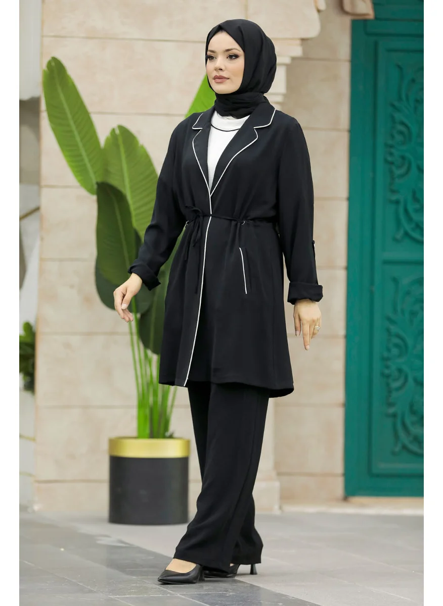 Neva Style Classic Collar Black Hijab Three Piece Suit 34112S