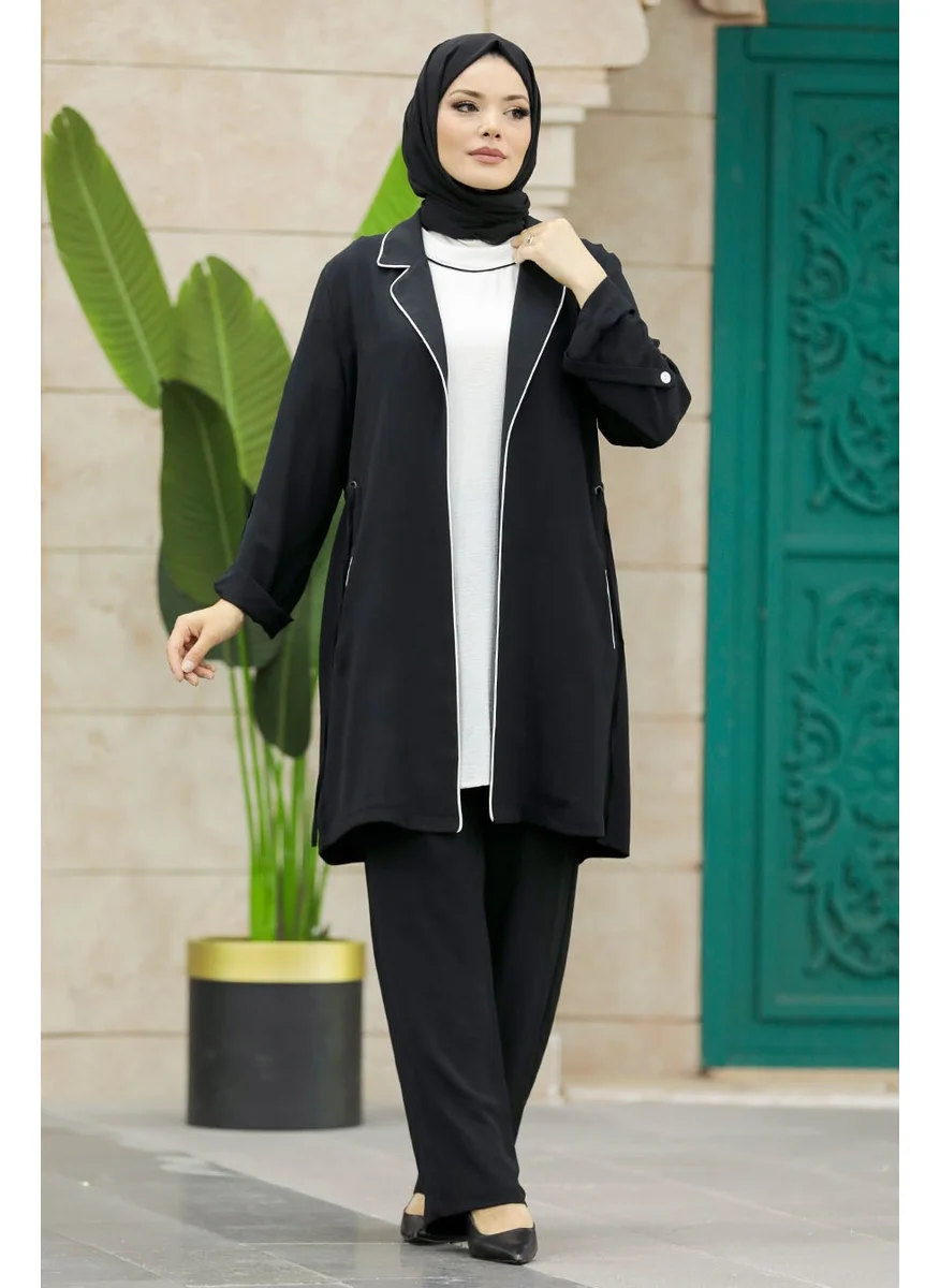 Neva Style Classic Collar Black Hijab Three Piece Suit 34112S