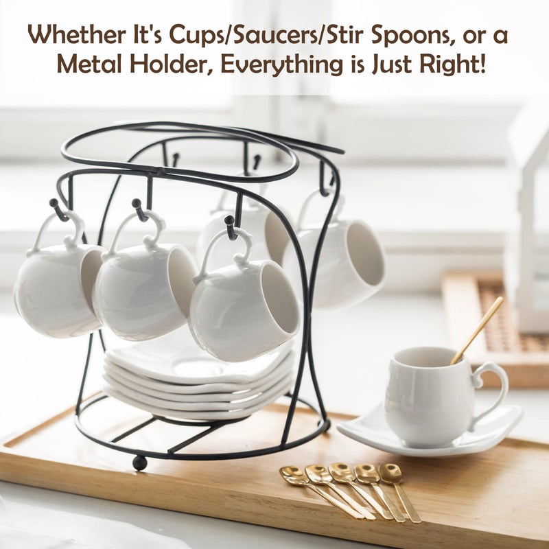 LYEOBOH Espresso Cups with Saucers Set, Porcelain Coffee Cups and Metal Stand and Spoons, Small Demitasse Cups for Espresso, Latte, Cafe Mocha, Cappuccino, and Tea, 3 OZ, Set of 6, White - Image 4