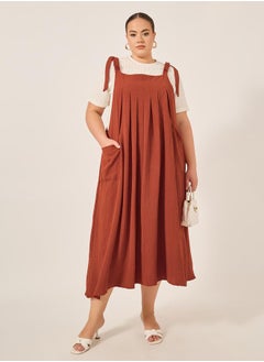 Styli Plus Size Solid Pleated Pinafore Midi Dress  - Image 1