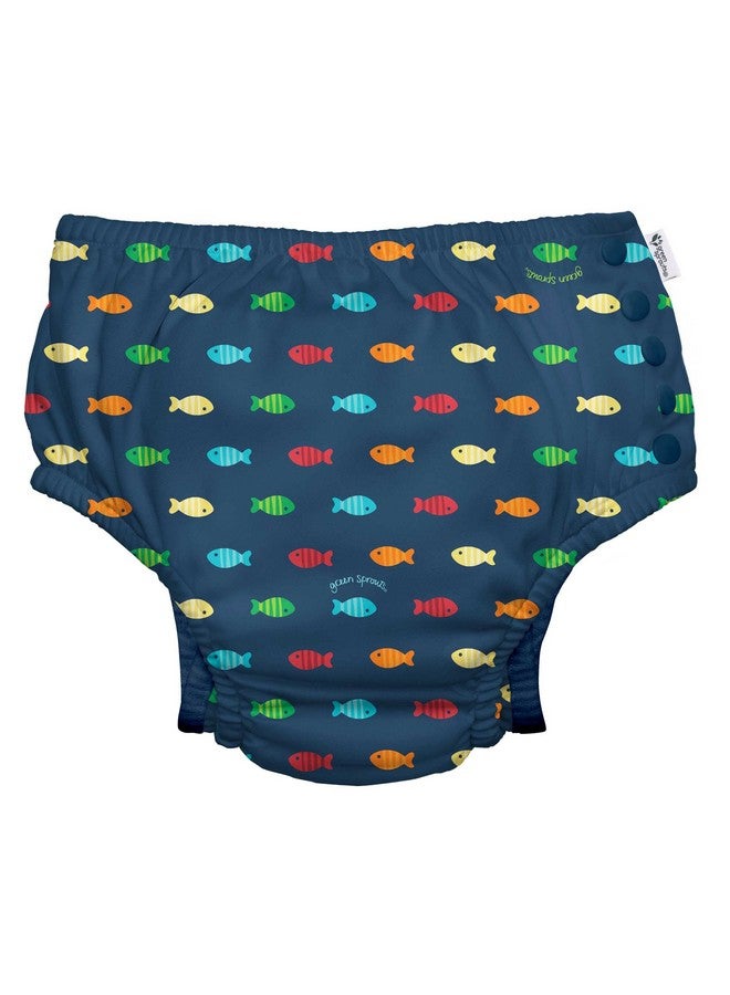 green sprouts i play. by green sprouts Reusable, Eco Snap Swim Diaper with Gussets, UPF 50, Patented Design, STANDARD 100 by OEKO-TEX® Certified - Navy Fish Geo, 12 mo