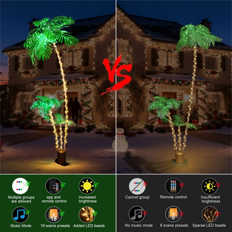 POPOTAN 6Ft Christmas Palm Tree with 3 Branches, App & Remote Control, Music Sync, Multi-Tree Grouping Function, Warm White Dimmable Lights, Timer Function, Indoor & Outdoor Holiday Decor Yard & Garden - Image 2