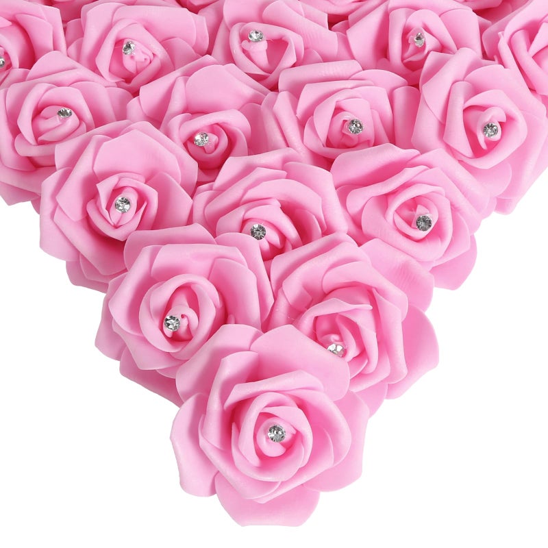 IPOPU 100pcs Pink Foam Rose Artificial Flower Bulk with Crystal 3in Real Looking Stemless Fake Roses for DIY Craft Wedding Bouquets Wall Decoration Bridal Shower Arrangement Home Decorations(Pink) - Image 1