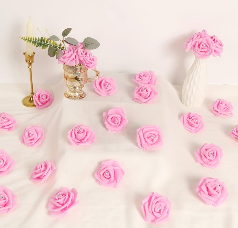 IPOPU 100pcs Pink Foam Rose Artificial Flower Bulk with Crystal 3in Real Looking Stemless Fake Roses for DIY Craft Wedding Bouquets Wall Decoration Bridal Shower Arrangement Home Decorations(Pink) - Image 2