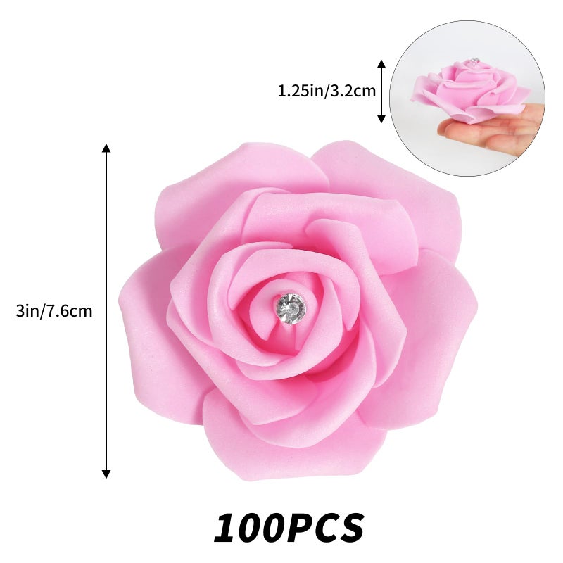 IPOPU 100pcs Pink Foam Rose Artificial Flower Bulk with Crystal 3in Real Looking Stemless Fake Roses for DIY Craft Wedding Bouquets Wall Decoration Bridal Shower Arrangement Home Decorations(Pink) - Image 3