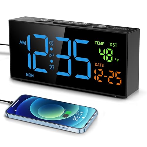 Netzu Alarm Clocks for Bedrooms, Digital Clock with Date Temperature and Weekday, Manual DST, Snooze, 2 Alarms, 4 Volumes for Living Room Home Bedside Desk (Black and Blue) - Image 1
