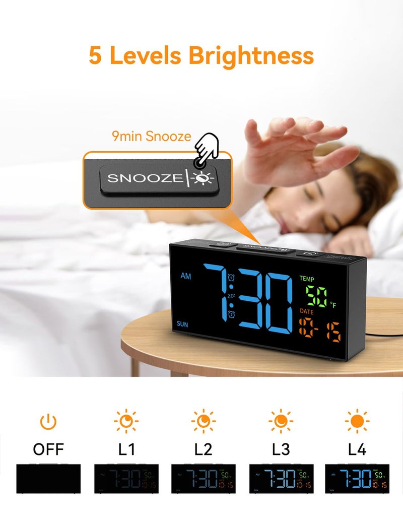 Netzu Alarm Clocks for Bedrooms, Digital Clock with Date Temperature and Weekday, Manual DST, Snooze, 2 Alarms, 4 Volumes for Living Room Home Bedside Desk (Black and Blue) - Image 5