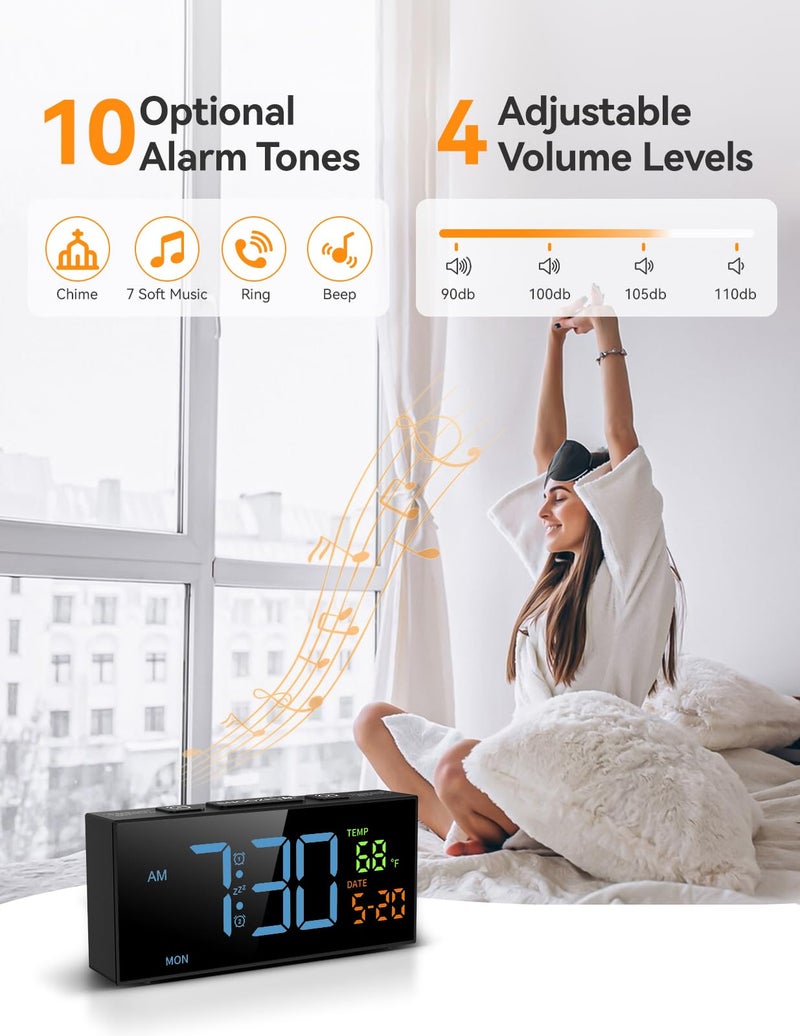 Netzu Alarm Clocks for Bedrooms, Digital Clock with Date Temperature and Weekday, Manual DST, Snooze, 2 Alarms, 4 Volumes for Living Room Home Bedside Desk (Black and Blue) - Image 2