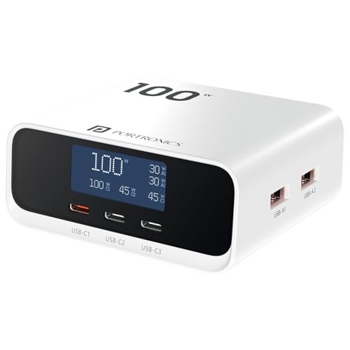 Portronics 100W Adapto 100D Fast Charging 5 Port Adaptor with LCD Power Display, 3 Type C PD Port, 2 USB-A Mach Port, Fast Charging Compatible with Laptops, Macbooks, Smartphones (White) - Image 1