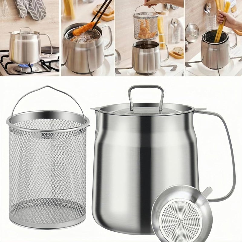 GADO 50oz 304 Stainless Steel Deep Fryer Pot with Basket & Strainer, Large Capacity Bacon Grease Container for Kitchen,Frying, Cooking, Camping,Oil Filter Container - Dishwasher Safe (50oz/1.5L/1.7Qt) - Image 1