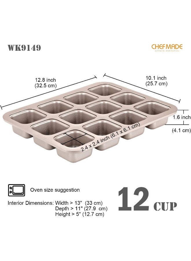 CHEFMADE Brownie Cake Pan, 12-Cavity Non-Stick Square Muffin Pan Blondie Bakeware for Oven Baking (Champagne Gold) - Image 2
