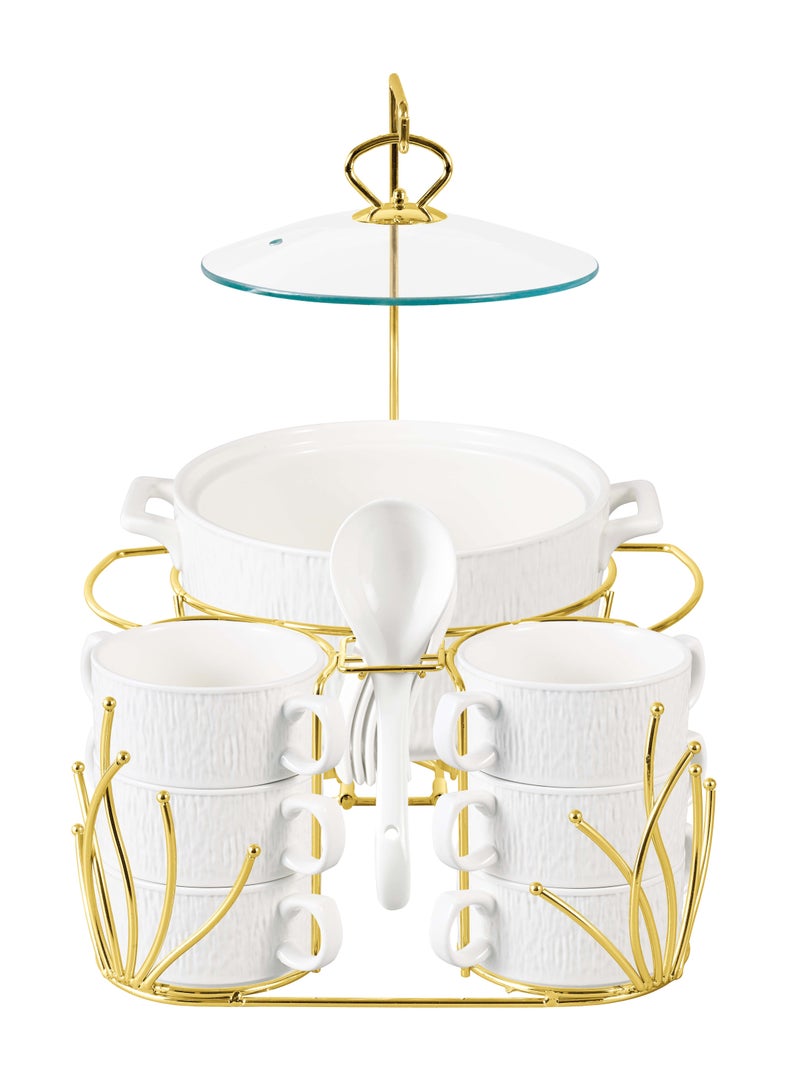 Shallow Amaya 16 Piece Soup Set with Gold Stand - Sophisticated Piece of White Porcelain Dinnerware for a Sumptuous Meal, Soup Bowls - Image 1