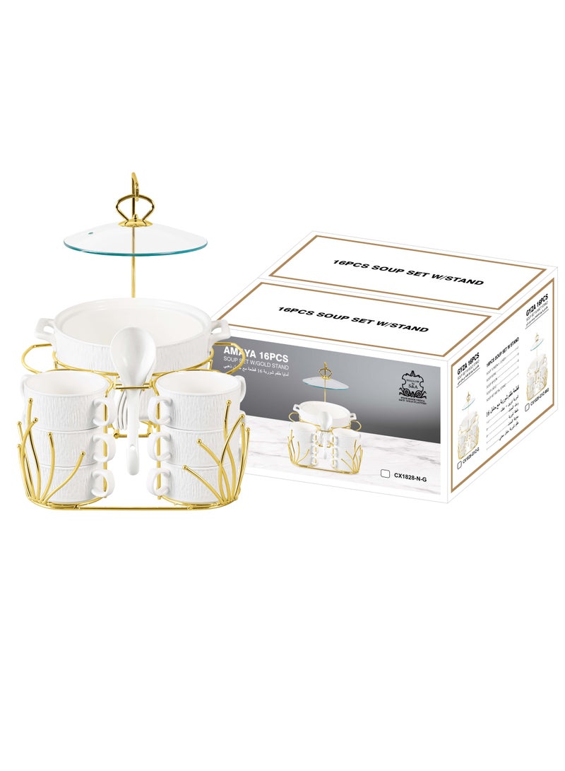 Shallow Amaya 16 Piece Soup Set with Gold Stand - Sophisticated Piece of White Porcelain Dinnerware for a Sumptuous Meal, Soup Bowls - Image 4
