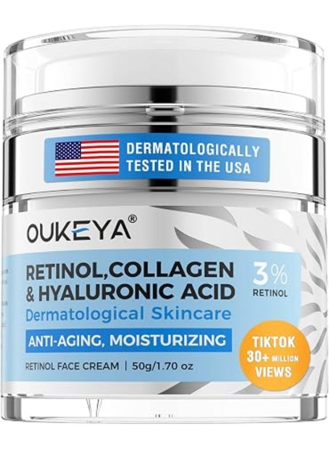 OUKEYA Retinol Cream for Face 3% Retinol Day & Night Cream, 5% Hyaluronic Acid & 5% Niacinamide, Anti Aging Moisturiser For Face & Neck, Hydrating, Firming, Non-Greasy, Fast Absorbing, 50g