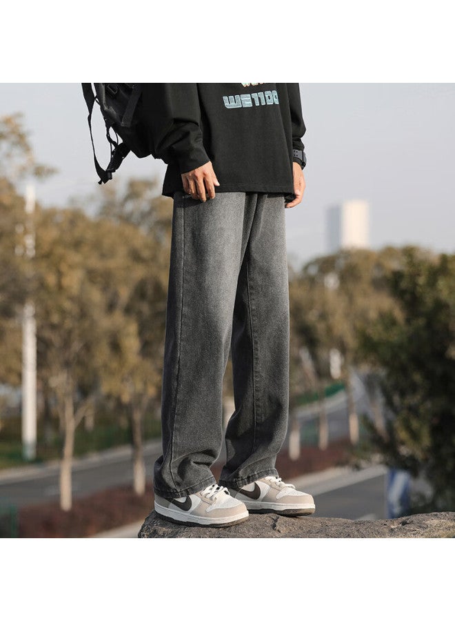 Homlean American-style Washed Denim Jeans Men's Spring And Summer High Street Handsome Loose Straight Wide-leg Trousers Hs05 Black Gray M - Image 4